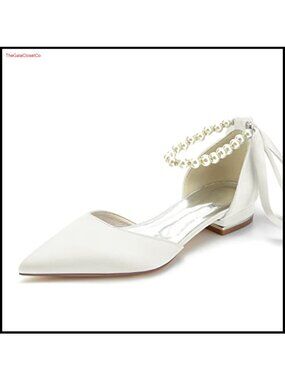 Pointed Toe Satin Pearl Wedding Flats Ankle Strap Bridal Shoes